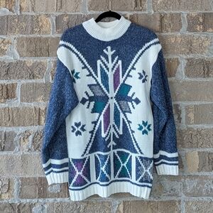 VTG 80s Gina Peters Mock Neck Snowflake Tunic Sweater White Blue Size Small